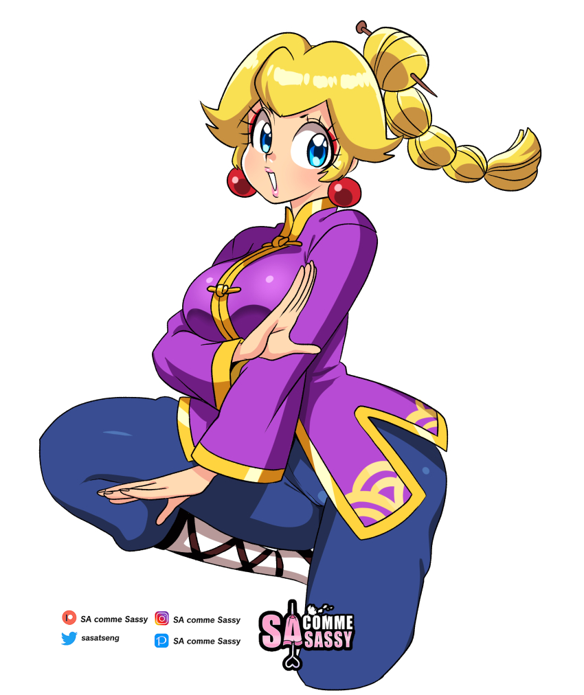 1girl absurdres artist_name blonde_hair blue_eyes blue_pants braid braided_ponytail breasts chinese_clothes cowboy_shot earrings highres jewelry kung_fu_peach large_breasts long_hair looking_at_viewer mario_(series) nintendo open_mouth pants patreon_username princess_peach princess_peach:_showtime! sasa_tseng simple_background solo standing standing_on_one_leg twitter_username white_background
