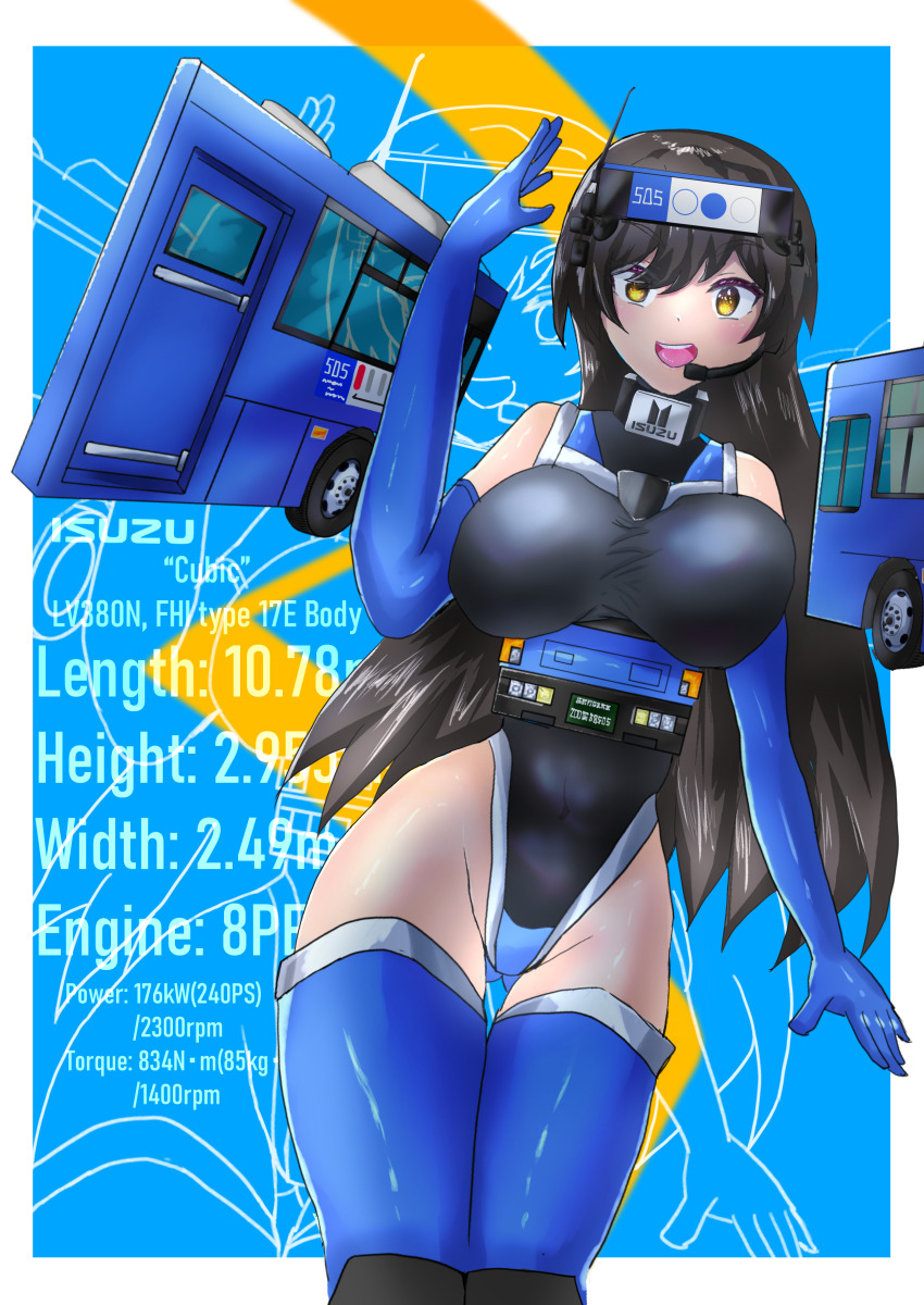 1girl absurdres black_hair black_leotard breasts bus highres isuzu_motors large_breasts leotard matsumoto_kouko motor_vehicle watashi_ni_tenshi_ga_maiorita!