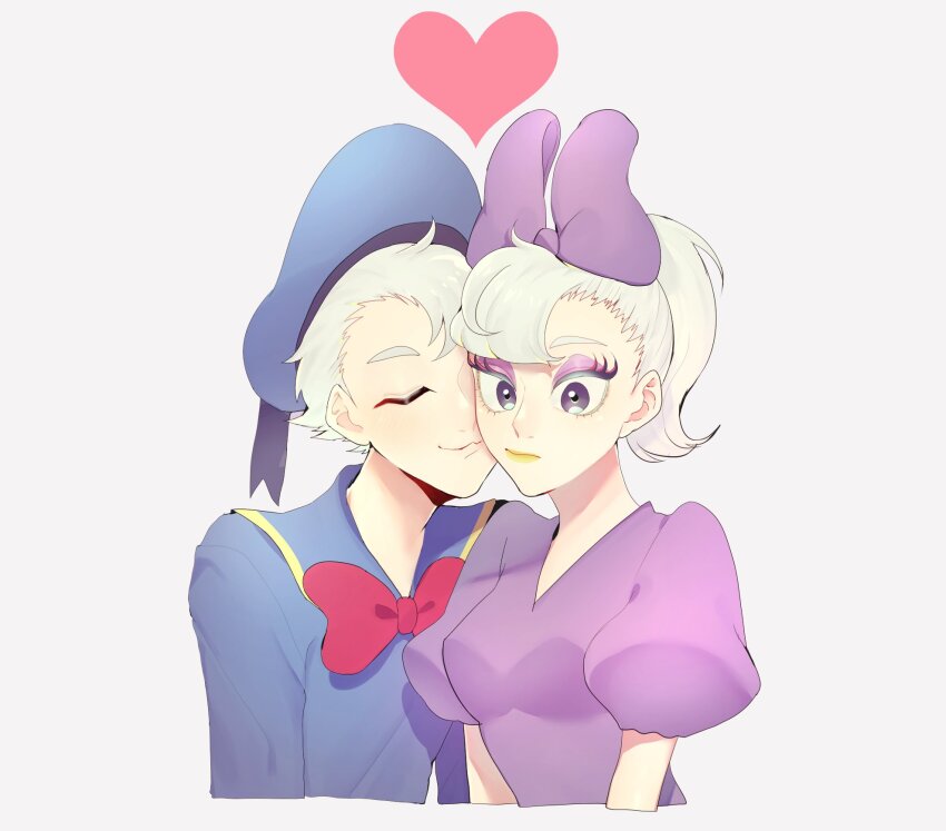 1boy 1girl animal_ears bow daisy_duck disney donald_duck hat heart highres humanization jewelry mickey_mouse_&amp;_friends personification puffy_sleeves rl10_02 sailor_collar sailor_hat sailor_shirt shirt short_hair short_sleeves simple_background smile white_background white_hair