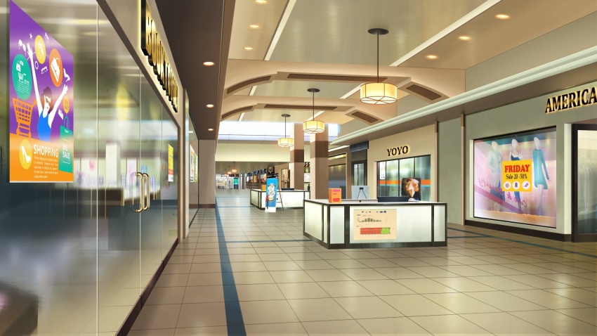 ceiling_light display english_text highres indoors kiosk lamp mall mannequin no_humans non-web_source official_art open_clothes our_life:_beginnings_and_always poster_(object) reflective_floor scenery sign tile_floor tiles variant_set