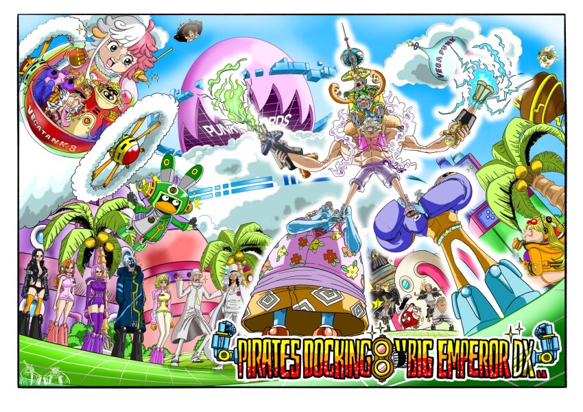 6+boys 6+girls bartholomew_kuma bikini bikini_bottom_only bird black_coat black_gloves black_hair black_jacket black_wings blonde_hair blue_eyes blue_fire borsalino_(kizaru) brook_(one_piece) building burger cloud coat coat_on_shoulders coconut day dougi dr._vegapunk eating english_text epaulettes fire floral_print food franky_(one_piece) gloves goggles goggles_on_head green_hair hagoromo hattori_(one_piece) headphones highres holding holding_burger holding_food holding_sword holding_weapon jacket jewelry_bonney jewelry_bonney_(egghead) jinbe_(one_piece) kaku_(one_piece) kiruha_811 long_hair monkey_d._luffy multicolored_hair multiple_boys multiple_girls nami_(one_piece) nami_(one_piece)_(egghead) necktie nico_robin nico_robin_(egghead) one_piece orange_hair orange_thighhighs outdoors palm_tree pigeon pink_hair pink_jacket pink_shirt purple_sash purple_shirt purple_shorts purple_thighhighs red_shirt rob_lucci robot roronoa_zoro s-bear s-hawk s-shark s-snake sanji_(one_piece) sash scar scar_on_chest sentoumaru seraphim_(one_piece) shawl shirt short_hair shorts smile stussy_(one_piece) swimsuit sword thighhighs tomoe_(symbol) tongue tongue_out tony_tony_chopper topless_male tree tusks twintails two-tone_hair usopp vegapunk_atlas vegapunk_edison vegapunk_lilith vegapunk_pythagoras vegapunk_shaka vegapunk_york weapon white_coat white_hair white_shirt wings yellow_necktie