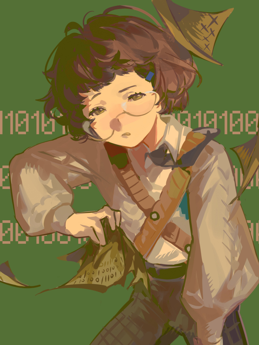 1girl binary brown_eyes brown_hair brown_pants cowboy_shot crooked_eyewear glasses green_background grey_sweater highres holding holding_paper john_titor_(reverse:1999) komeokun pants paper pixel_text reverse:1999 short_hair solo sweater