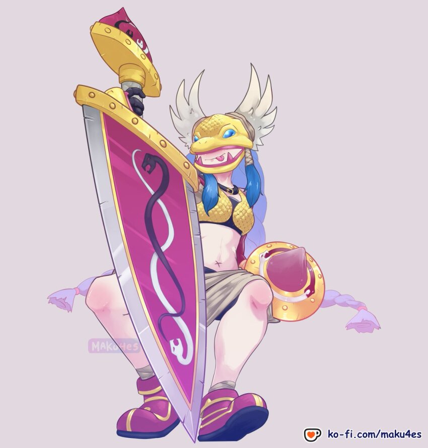 braid covered_eyes digimon digimon_(creature) highres long_hair mask minervamon shield wings