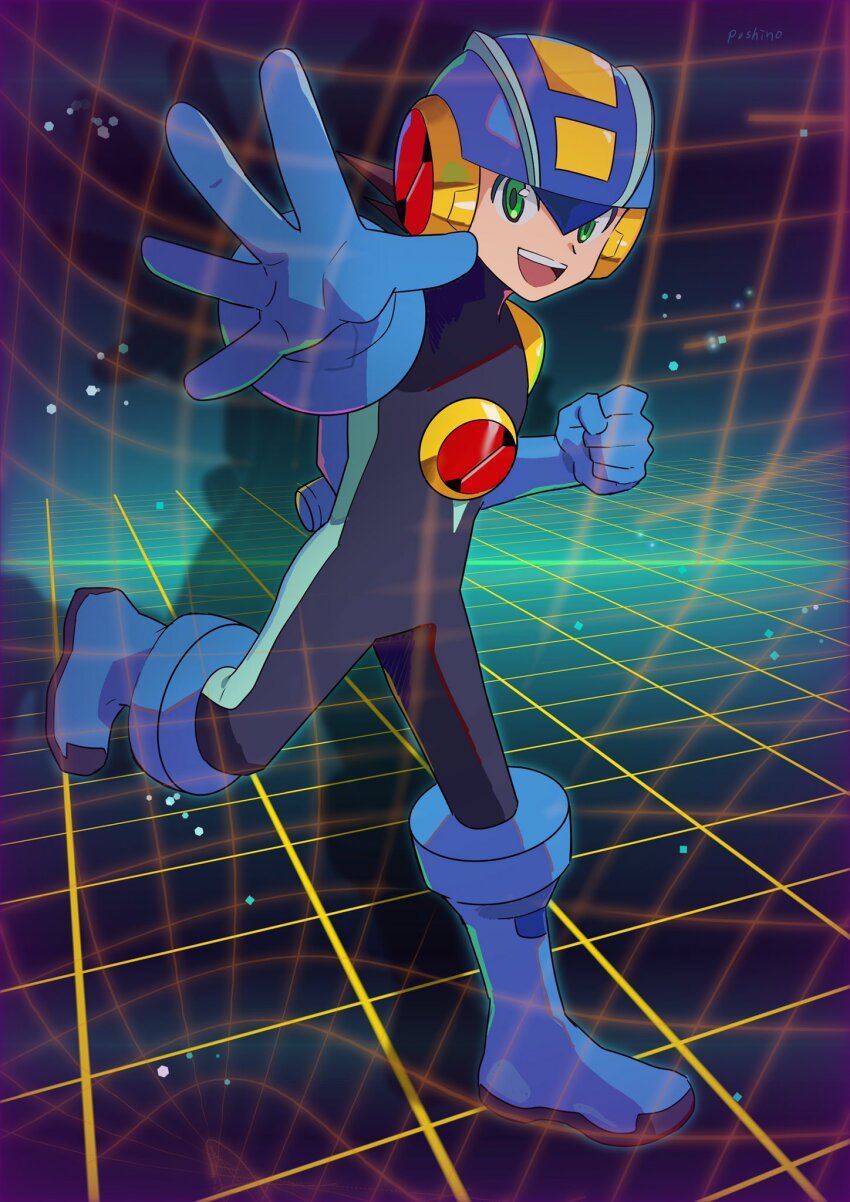 1boy artist_name blue_bodysuit blue_boots blue_headwear bodysuit boots brown_hair emblem full_body green_eyes grid helmet highres looking_at_viewer mega_man_(series) mega_man_battle_network_(series) megaman.exe open_mouth outstretched_arms poshino_pikari reaching reaching_towards_viewer short_hair solo spiked_hair teeth upper_teeth_only