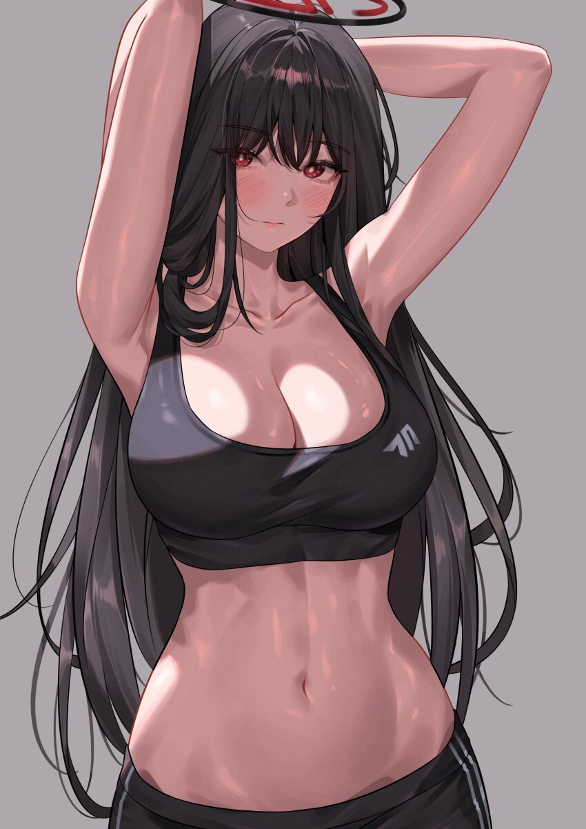 1girl absurdres alternate_costume armpits arms_up bare_arms bare_shoulders black_hair black_sports_bra blue_archive blush breasts bright_pupils cleavage closed_mouth collarbone grey_background halo highres katrinabluuuuu large_breasts long_hair looking_at_viewer navel red_eyes rio_(blue_archive) simple_background solo sports_bra stomach upper_body white_pupils