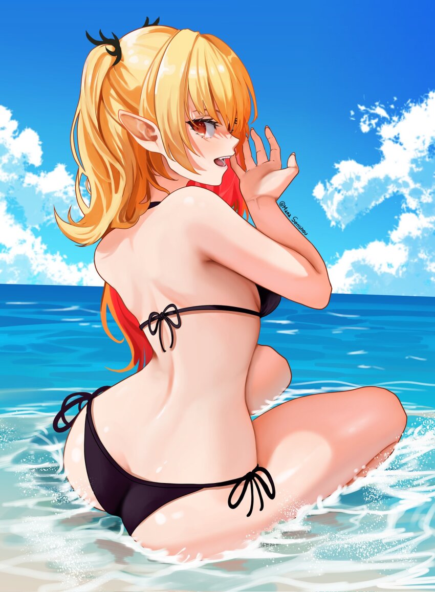 1girl artist_name ass back back-tie_bikini bikini black_bikini blonde_hair blue_sky breasts cloud day eyebrows eyelashes feet_out_of_frame female_focus fingernails from_behind highres chromashift long_fingernails long_hair looking_at_viewer looking_back mana_(manasenshou) medium_breasts ocean open_mouth orange_eyes outdoors profile ruby_runeheart side-tie_bikini_bottom sitting sky solo swimsuit teeth tongue two_side_up upper_teeth_only virtual_youtuber water