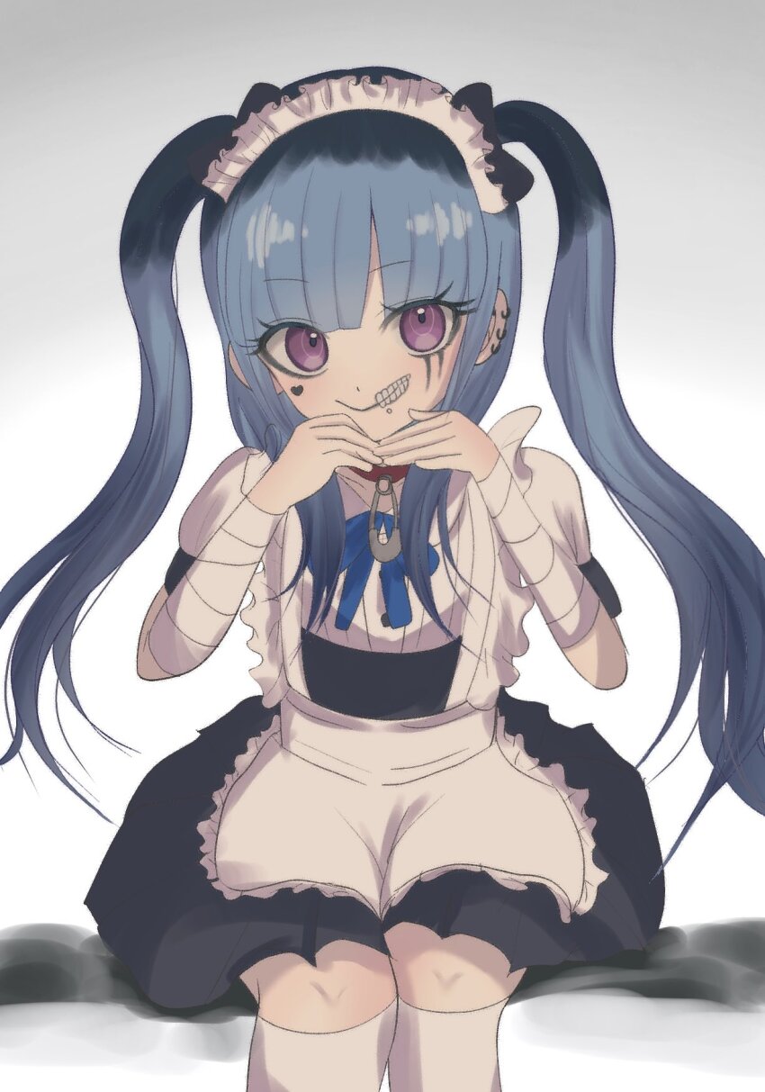1girl alternate_costume amemiya_darumi apron bandaged_wrist bandages black_bow black_hair blue_bow blue_hair bow ear_piercing face_piercing grey_background hands_up heart lip_piercing looking_at_viewer maid_apron maid_headdress multicolored_hair piercing pink_eyes safety_pin sitting solo the_hundred_line_-last_defense_academy- thighhighs twintails