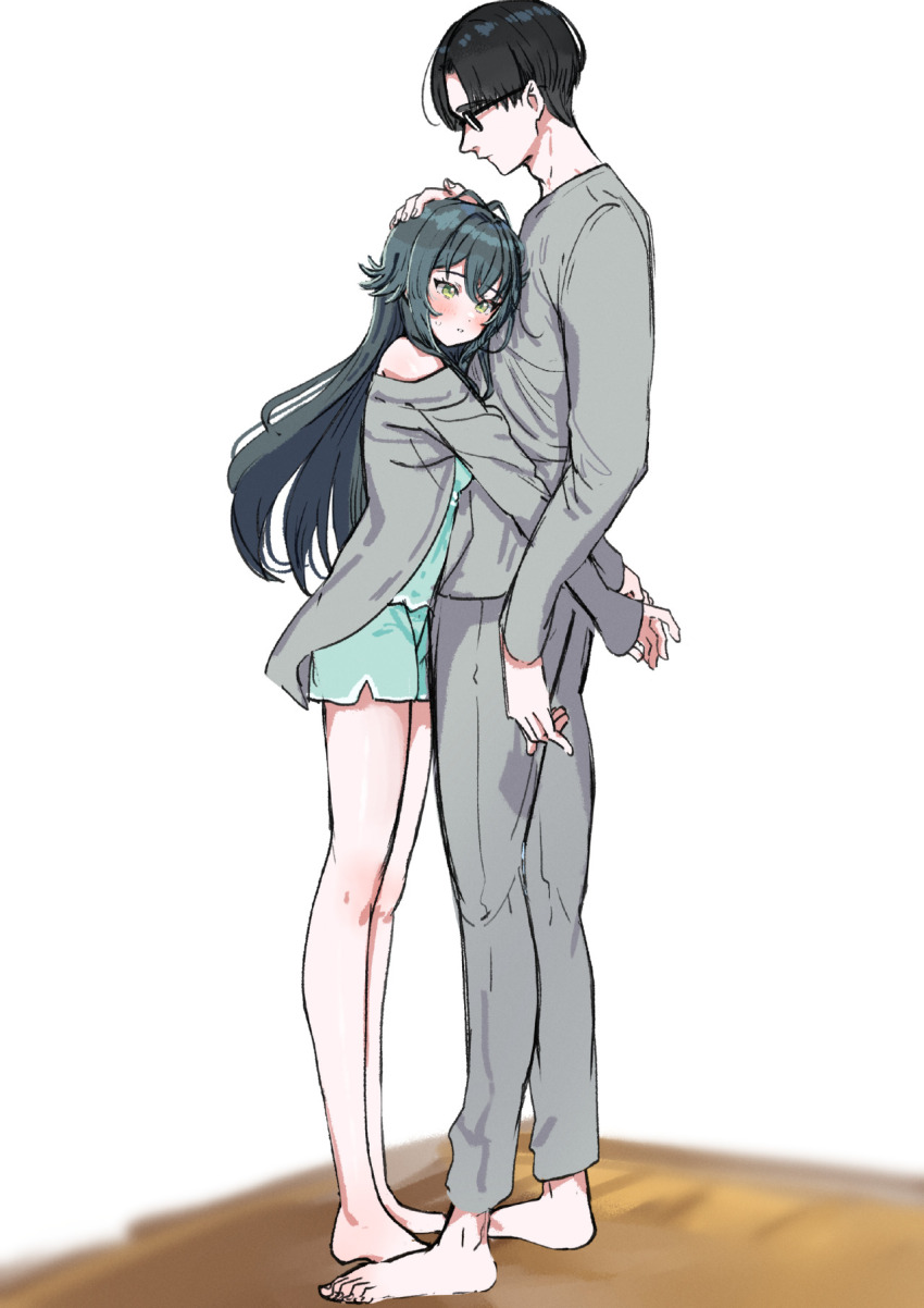 1boy 1girl antenna_hair bare_legs barefoot black-framed_eyewear black_hair commentary_request full_body gakuen_idolmaster glasses green_hair green_pajamas grey_pants grey_shirt hair_flaps hand_on_another&#039;s_head hetero highres hug idolmaster kasasagi_(futagodori888) long_hair pajamas pants producer_(idolmaster) shirt straight_hair tsukimura_temari very_long_hair