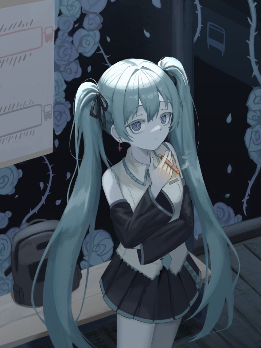 1girl absurdres aqua_hair aqua_necktie arm_across_waist backpack bag bench black_ribbon black_skirt black_sleeves blue_eyes bus_stop cigar closed_mouth collared_shirt commentary_request cowboy_shot cross cross_earrings detached_sleeves earrings flower frown grey_bag hair_ribbon hatsune_miku highres holding holding_cigar inverted_cross jewelry kkamkkam latin_cross long_hair long_sleeves looking_at_viewer miniskirt necktie outdoors pleated_skirt ribbon ringed_eyes rose shirt skirt sleeveless sleeveless_shirt smoke smoking solo standing tie_clip twintails unworn_bag very_long_hair vocaloid white_shirt