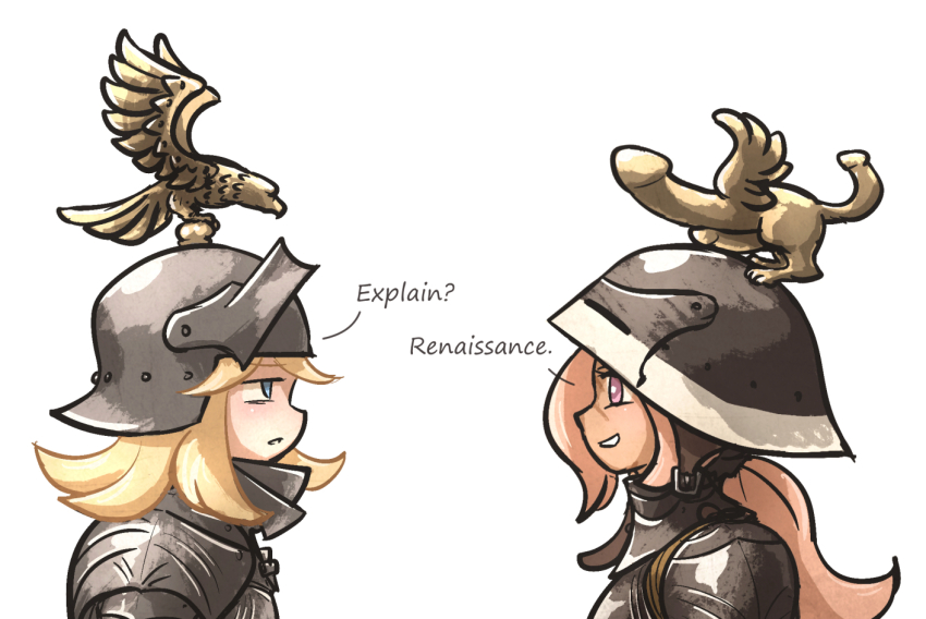 2girls armor bird blonde_hair blue_eyes ebenholz_(ironlily) english_text fascinus grin helm helmet ironlily long_hair multiple_girls original perlweiss_(ironlily) pink_eyes portrait sallet simple_background smile upper_body visor_lift