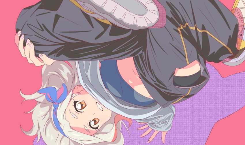 1girl aikatsu! aikatsu!_(series) arm_support black_pants blue_hairband breakdance brown_eyes clothing_cutout commentary_request grey_shirt hairband hand_on_own_knee highres kurosawa_rin long_hair looking_at_viewer navel open_mouth panties pants panty_peek pink_background semham shirt shoe_soles shoes side_cutout smile sneakers solo underwear