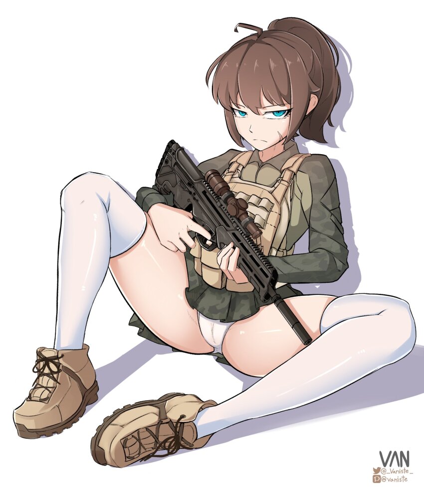 1girl ahoge assault_rifle blue_eyes boots brown_boots brown_hair bulletproof_vest bullpup cameltoe camouflage camouflage_jacket camouflage_skirt commentary desert_tech_mdr facial_scar frown full_body green_jacket gun highres holding holding_gun holding_weapon jacket miniskirt original panties pixiv_username pleated_skirt ponytail rifle scar scar_on_cheek scar_on_face scope shadow signature sitting skirt solo spread_legs suppressor thighhighs thighs trigger_discipline twitter_username underwear vaniste weapon white_panties white_thighhighs