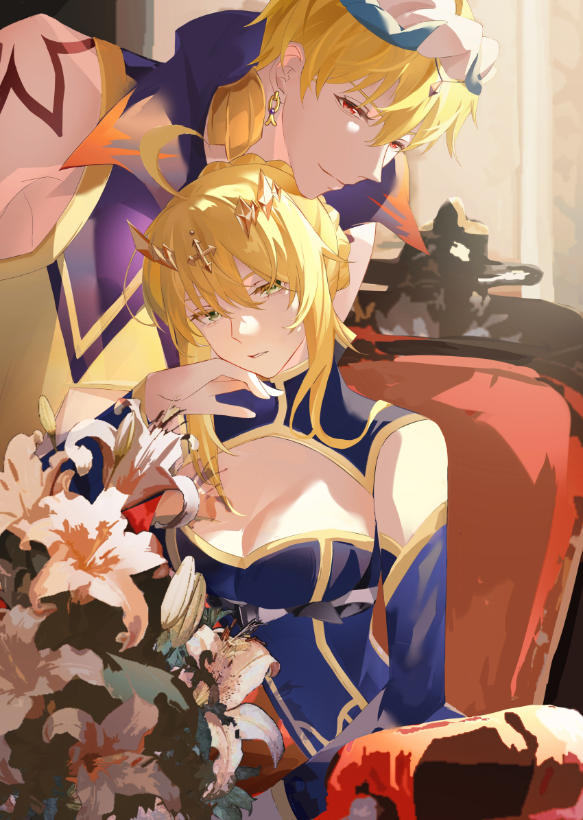 1boy 1girl absurdres ahoge anyuqiushui724 arabian_clothes artoria_pendragon_(fate) artoria_pendragon_(lancer)_(fate) blonde_hair bouquet braid breasts cleavage cleavage_cutout clothing_cutout crown detached_sleeves earrings fate/grand_order fate_(series) flower gilgamesh gilgamesh_(caster)_(fate) gilgamesh_(fate) green_eyes hair_between_eyes highres jewelry large_breasts long_hair looking_at_viewer on_chair parted_lips red_eyes short_hair sidelocks sitting smile turban updo