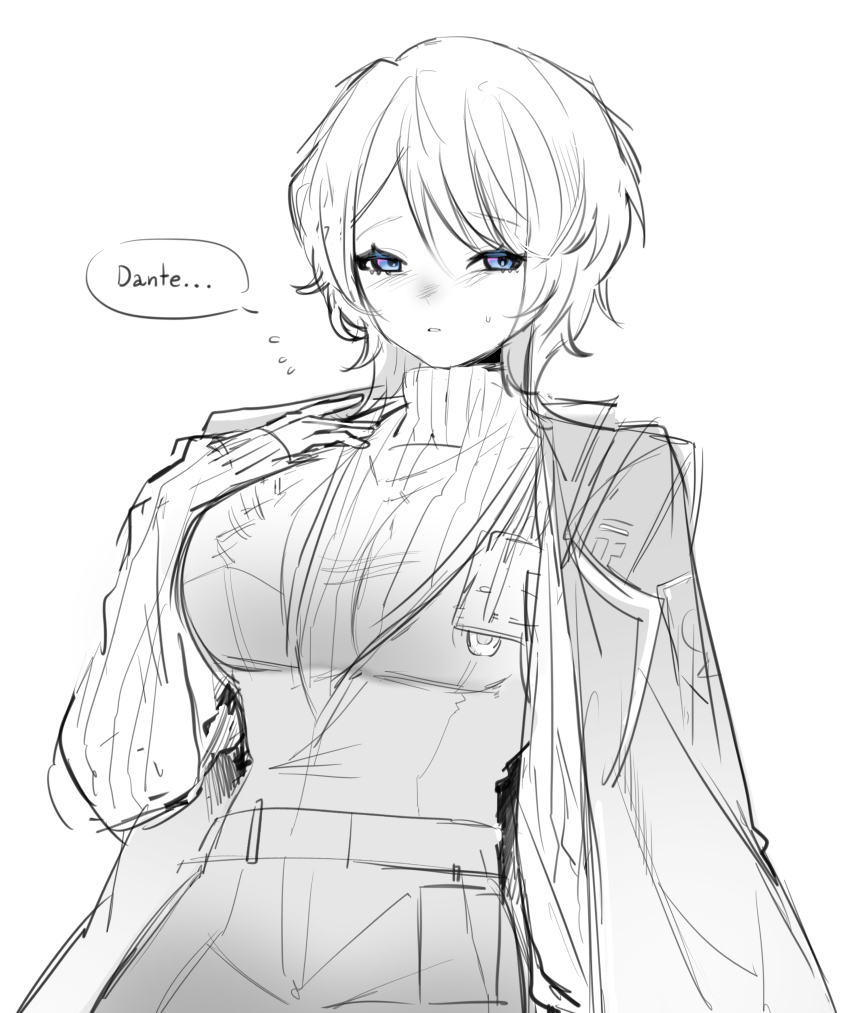 1girl absurdres blue_eyes breasts cowboy_shot faust_(project_moon) greyscale hand_up highres large_breasts limbus_company long_sleeves looking_at_viewer mesoold monochrome pants project_moon ribbed_sweater short_hair solo speech_bubble spot_color sweater vest