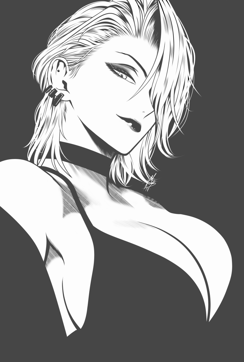 absurdres armpit_crease black_dress black_lips breasts choker cleavage dress earrings eyeshadow highres jewelry large_breasts looking_at_viewer makeup medium_hair monochrome mostlybluewyatt one_eye_covered path_to_nowhere sideboob upswept_hair zoya_(path_to_nowhere)