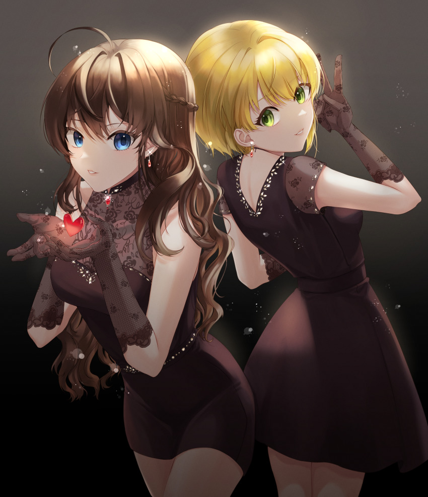 1girl 2girls absurdres ahoge back-to-back bare_shoulders black_dress blonde_hair bloom blue_eyes braid breasts brown_hair cleavage covered_collarbone cowboy_shot crazy_crazy_(idolmaster) dress ear_piercing elbow_gloves fishnet_gloves fishnets floral_print french_braid gem glint gloves green_eyes hair_between_eyes hair_intakes halter_dress halterneck heart highres holding holding_heart ichinose_shiki idolmaster idolmaster_cinderella_girls jewelry lace lace_gloves leaning_forward long_hair looking_at_viewer looking_back medium_breasts miyamoto_frederica multiple_girls nape pencil_dress piercing pursed_lips red_gemstone rose_print see-through_clothes see-through_cleavage short_dress short_hair simple_background sleeveless sleeveless_dress smile stenciled_rose taut_clothes taut_dress thighs tight_clothes tight_dress tsurime user_kyda3884