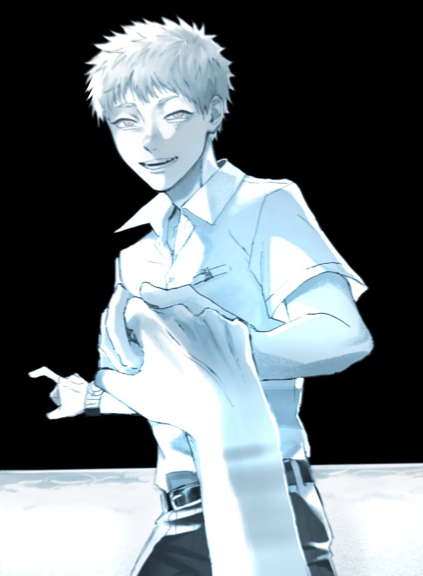 1boy belt black_belt black_pants blurry collared_shirt commentary_request highres hikaru_(hikaru_ga_shinda_natsu) hikaru_ga_shinda_natsu holding_hands male_focus open_mouth pants pov pov_hands sajujutsu shirt short_hair short_sleeves solo_focus teeth watch wristwatch