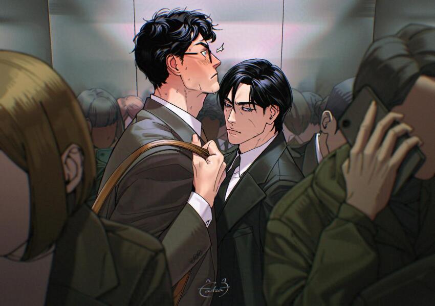 2boys 6+others bag batman_(series) black_coat black_hair black_necktie blue_eyes blush bruce_wayne clark_kent closed_mouth coat collared_shirt commentary dc_comics elevator fatcat frown grey_jacket highres holding holding_bag jacket lapels layered_sleeves long_sleeves male_focus multiple_boys multiple_others necktie nervous_sweating notched_lapels people shirt short_hair short_sideburns signature suit_jacket superman_(series) sweat symbol-only_commentary white_shirt wing_collar