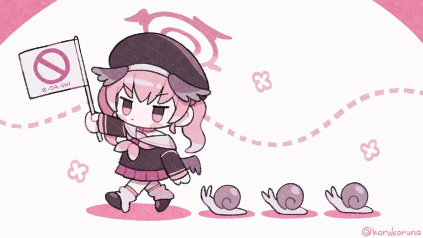 1girl black_footwear black_hat black_shirt black_wings blue_archive blush_stickers chibi chibi_only closed_mouth flag floral_print halo hat head_wings highres holding holding_flag jitome koharu_(blue_archive) koru_koruno leg_warmers long_hair long_sleeves neckerchief no_symbol pink_eyes pink_hair pink_halo pink_neckerchief pink_skirt sailor_collar school_uniform shirt simple_background skirt snail solo twintails twitter_username two-tone_background v-shaped_eyebrows walking white_leg_warmers white_sailor_collar wings