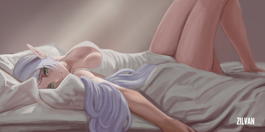1girl arms_at_sides artist_name bed breasts cleavage closed_mouth dress elf eyebrows eyelashes feet_out_of_frame female_focus frieren from_side green_eyes grey_hair half-closed_eyes knees_up legs_together long_hair long_pointy_ears looking_at_viewer lying medium_breasts naughty_face nose on_back on_bed pointy_ears sleeveless sleeveless_dress smile smug solo sousou_no_frieren white_dress zilvan