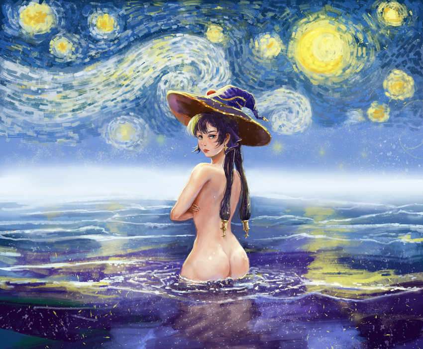 1girl amibazh ass crossed_arms earrings fine_art_parody frown genshin_impact green_eyes hair_ornament hair_ribbon hat jewelry looking_back mona_(genshin_impact) nude parody purple_hair reflection reflective_water ribbon sidelocks solo starry_night twintails vincent_van_gogh_(style) wading