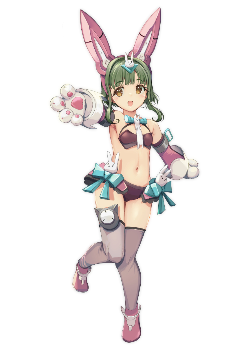 1girl absurdres adapted_costume animal_ear_hairband animal_ears animal_hands bikini bob_cut breasts brown_eyes cleavage commentary_request fake_animal_ears full_body gloves green_hair grey_thighhighs hairband highres kantai_collection multiple_views paw_gloves purple_bikini purple_skirt rabbit_ears short_hair short_hair_with_long_locks sidelocks simple_background skirt small_breasts swimsuit takanami_(kancolle) thighhighs white_background yashin_(yasinz)