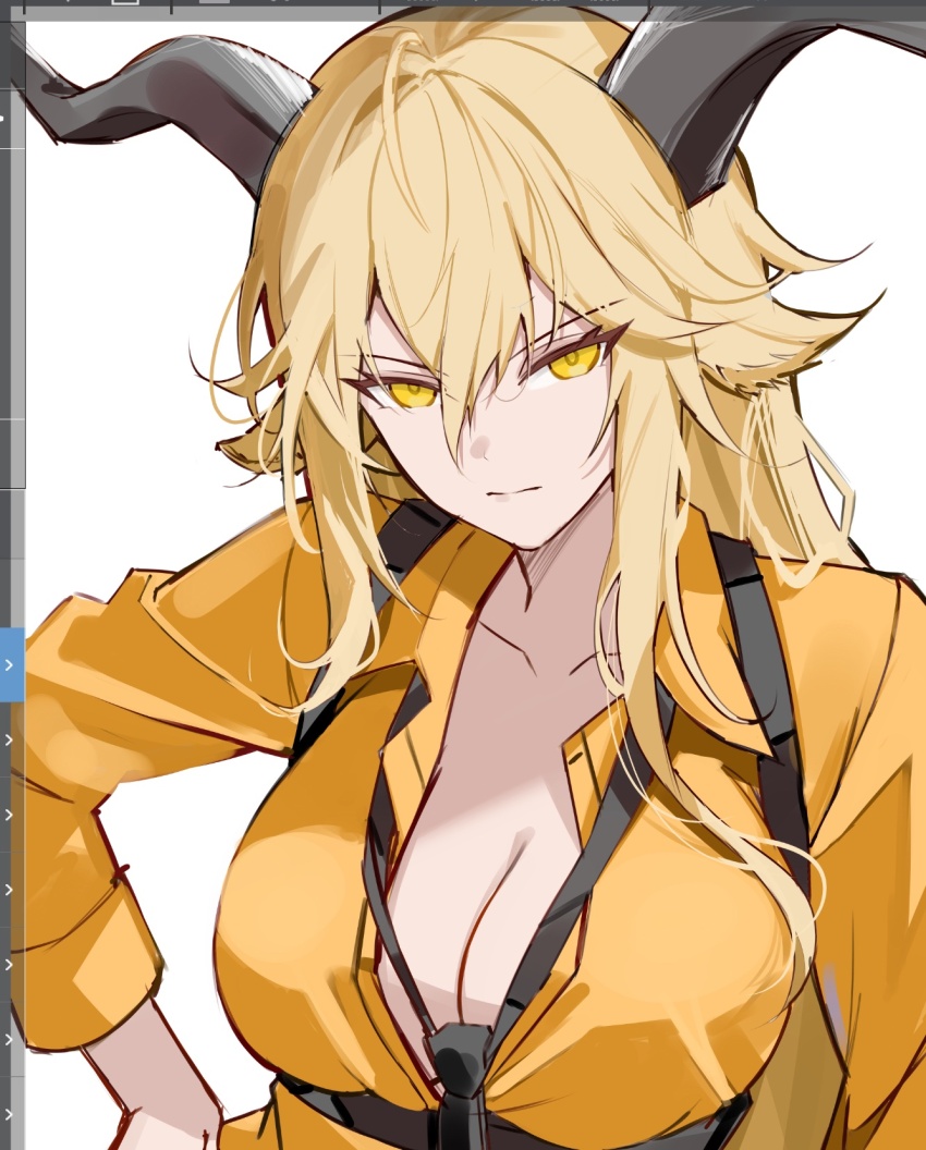 1girl animal_ears arknights black_horns blonde_hair breasts cleavage collarbone collared_shirt degenbrecher_(arknights) goat_ears goat_girl goat_horns highres horns long_hair long_sleeves orange_shirt shirt solo sparks_summer yellow_eyes