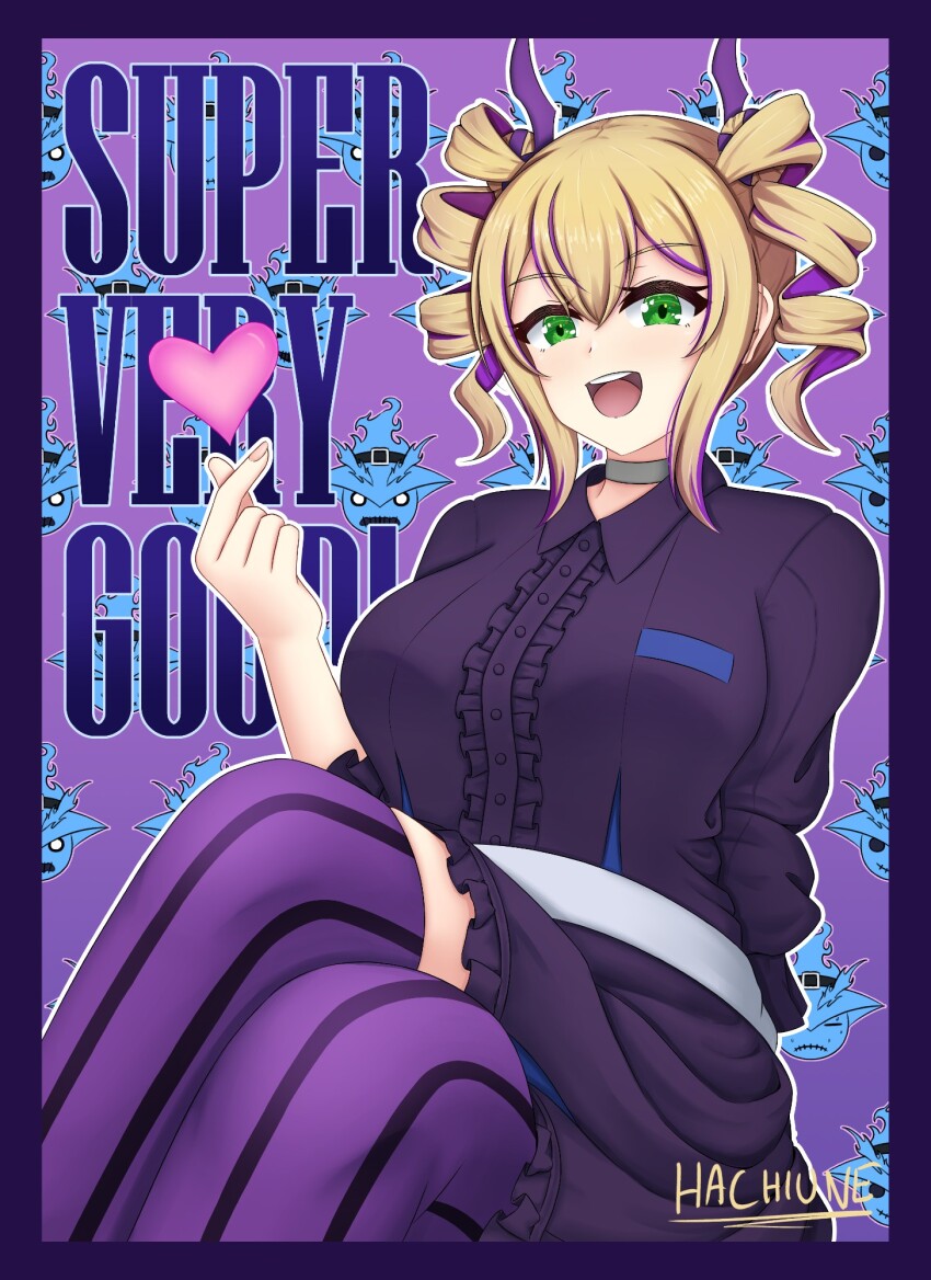 1girl artist_name blonde_hair border breasts commentary crossed_legs digimon digimon_card_game digimon_liberator dress drill_hair english_commentary ghostmon green_eyes hachiune heart highres large_breasts long_hair multicolored_hair purple_background purple_border purple_dress purple_hair purple_theme purple_thighhighs sitting solo solo_focus thighhighs twin_drills two-tone_hair violet_inboots