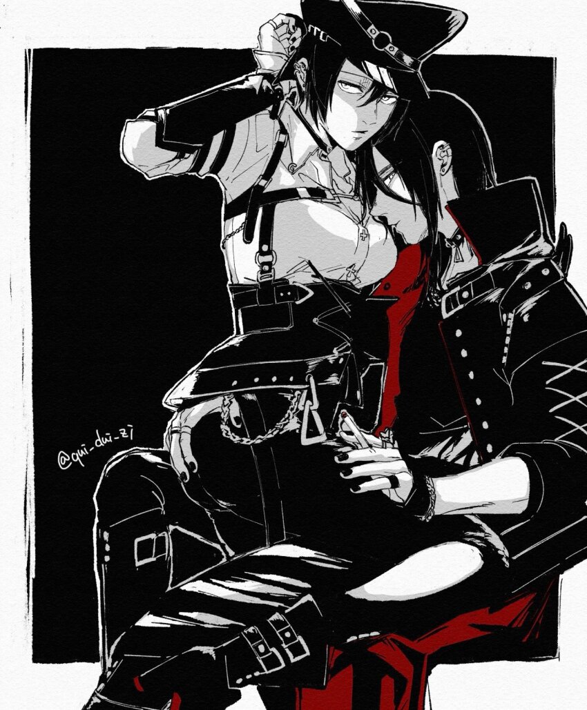 1boy 1girl alternate_costume black_background black_boots black_choker black_hair black_jacket black_nails black_pants black_wrist_cuffs boots border breasts chest_strap choker cigarette collared_shirt commentary_request couple eren_yeager feet_out_of_frame hair_between_eyes hetero highres holding holding_cigarette jacket medium_breasts medium_hair mikasa_ackerman nail_polish pants qui_dui_zi shingeki_no_kyojin shirt short_hair straddling twitter_username white_border white_shirt wrist_cuffs