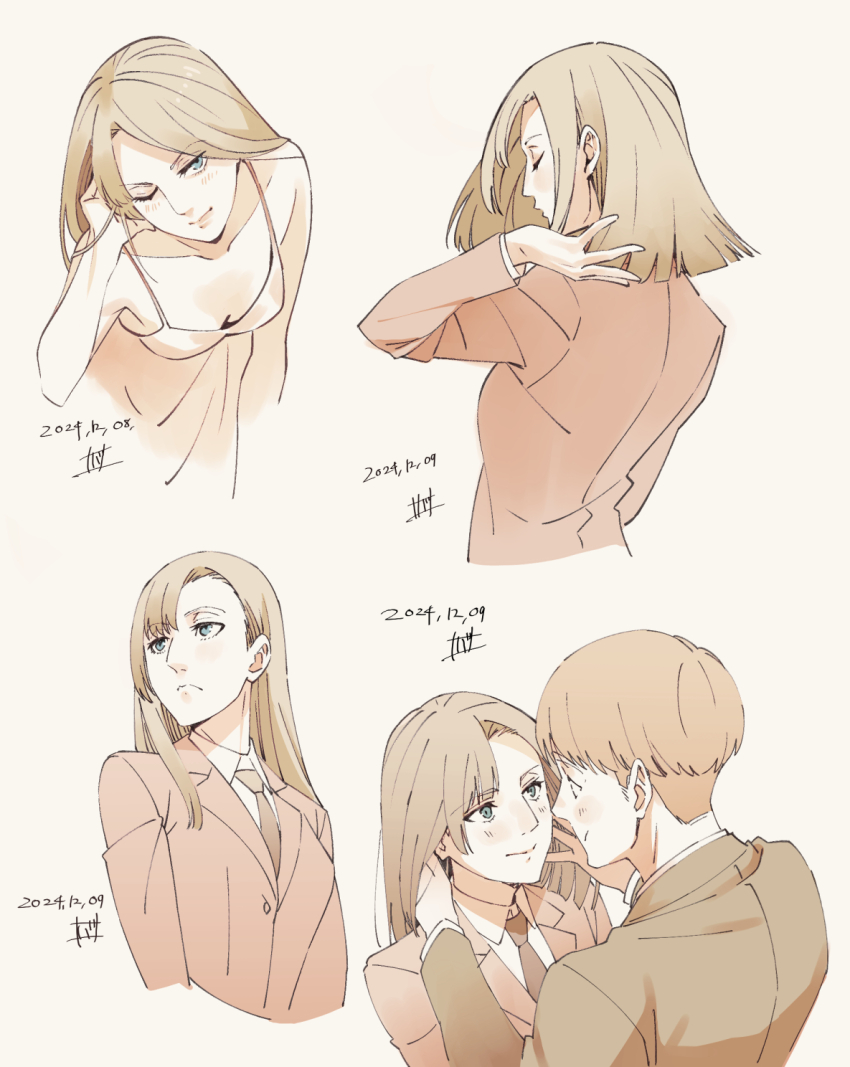 1boy 1girl annie_leonhart armin_arlert blonde_hair blue_eyes blush breasts brown_jacket closed_eyes closed_mouth collarbone collared_shirt couple dated dress grasshopper193 hand_up hands_up highres jacket leaning_forward long_hair long_sleeves looking_at_another looking_at_viewer medium_hair multiple_views necktie pink_dress pink_jacket shingeki_no_kyojin shirt short_hair simple_background small_breasts smile very_short_hair white_background white_shirt