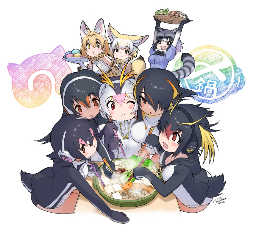 6+girls animal_ears animal_hood black_eyes black_hair blonde_hair bow bowtie cat_ears cat_girl cat_tail chopsticks common_raccoon_(kemono_friends) elbow_gloves emperor_penguin_(kemono_friends) extra_ears fennec_(kemono_friends) food fox_ears fox_girl fox_tail gentoo_penguin_(kemono_friends) gloves grey_hair hair_over_one_eye headphones highres hood hoodie humboldt_penguin_(kemono_friends) japari_bun japari_symbol kemono_friends long_hair multicolored_hair multiple_girls nabe official_art one_eye_closed orange_hair penguin_girl penguin_hood penguin_tail raccoon_ears raccoon_girl raccoon_tail red_eyes rockhopper_penguin_(kemono_friends) royal_penguin_(kemono_friends) serval_(kemono_friends) shirt short_hair skirt sleeveless sleeveless_shirt streaked_hair tail yellow_eyes yoshizaki_mine