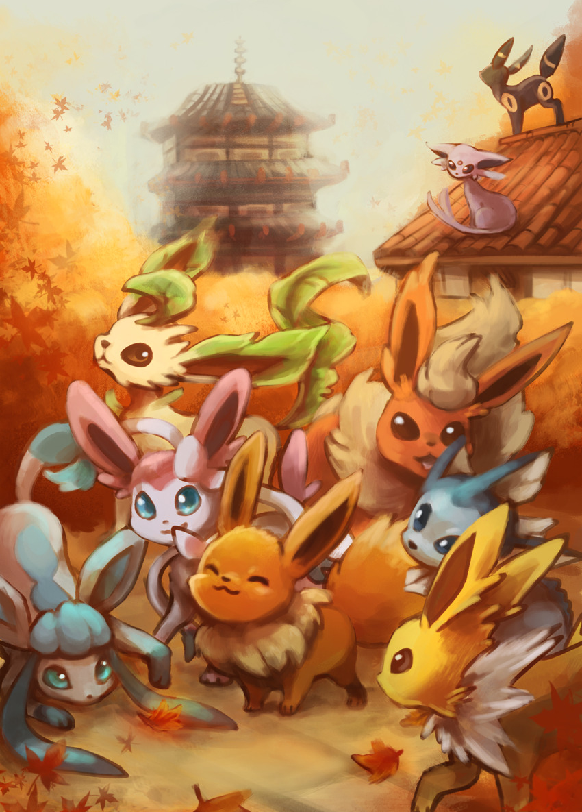 autumn_leaves blue_eyes bright_pupils brown_eyes closed_eyes closed_mouth eevee espeon flareon foxeaf gen_1_pokemon gen_2_pokemon gen_4_pokemon gen_6_pokemon glaceon highres house jolteon leaf leafeon nintendo no_humans on_roof open_mouth outdoors pokemon pokemon_(creature) purple_eyes smile sylveon umbreon vaporeon white_pupils