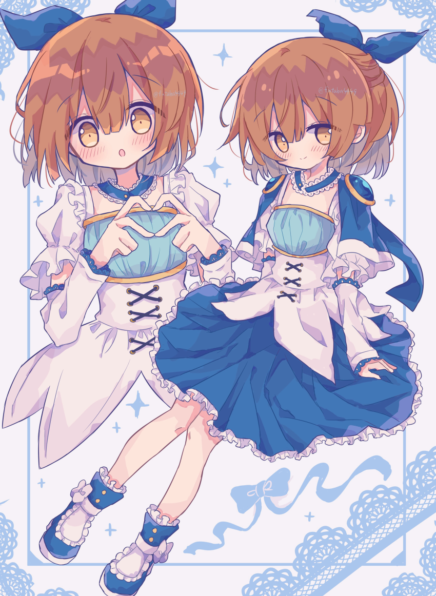 1girl :o absurdres arle_nadja arm_warmers blue_boots blue_cape blue_ribbon blue_skirt blush boots brown_hair cape closed_mouth commentary_request dress four-finger_heart_hands frilled_boots frilled_skirt frilled_sleeves frills full_body futaba969649 hair_between_eyes hair_ribbon heart heart_hands highres looking_at_viewer multiple_views open_mouth ponytail puyopuyo ribbon shirt short_hair short_sleeves skirt smile twitter_username volks_dd white_dress white_shirt yellow_eyes