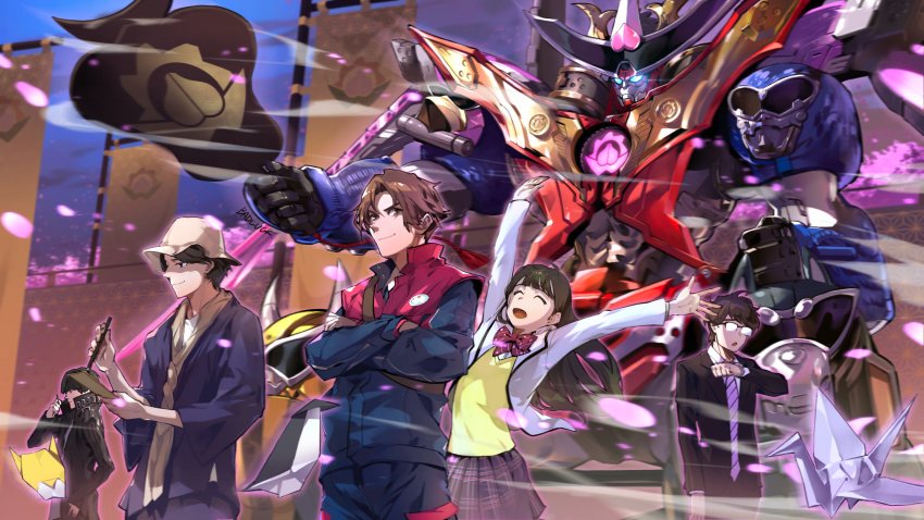 1girl 4boys absurdres animification avataro_sentai_donbrothers badluck black_eyes black_hair blue_eyes blue_jacket brown_hair closed_mouth commentary dononitaijin dual_wielding feathered_wings flag formal_clothes hand_fan hat head_wings highres holding holding_fan inuzuka_tsubasa jacket kijino_tsuyoshi kito_haruka legs_apart mecha momoi_taro multiple_boys necktie pink_necktie pointy_ears polar_bear_delivery_uniform robot salaryman saruhara_shinichi shirt sitting smile standing suit super_sentai sword weapon wings yellow_shirt