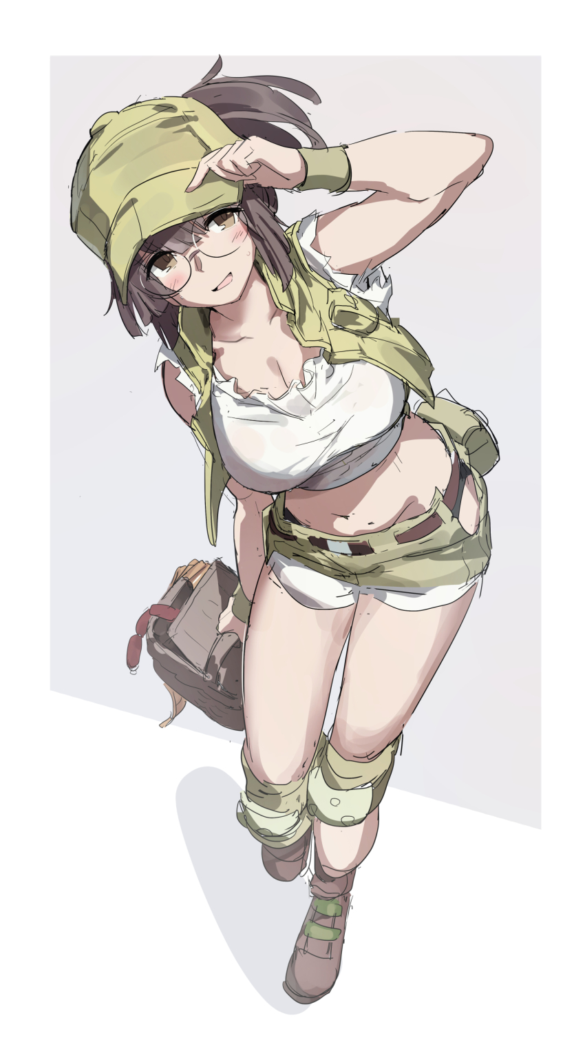 1girl absurdres baseball_cap basket belt belt_pouch blush breasts brown_eyes brown_hair crop_top fio_germi glasses hand_on_headwear hat highres hip_vent holding holding_basket huanxiang_huifeng knee_pads large_breasts looking_at_viewer metal_slug midriff navel open_clothes open_mouth open_vest picnic_basket ponytail pouch round_eyewear short_shorts shorts sketch solo utility_vest vest wristband
