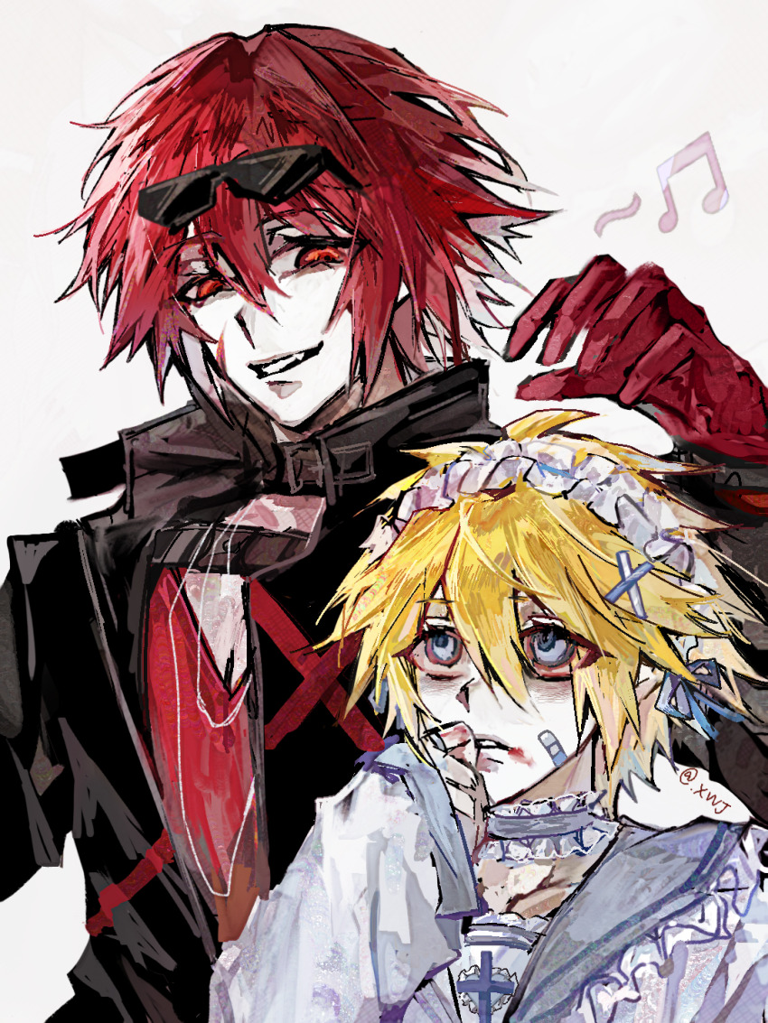 2boys alternate_costume aotu_world bandaid bandaid_on_face black_collar black_jacket blonde_hair blood blood_on_clothes blood_on_face blue_eyes chinese_commentary choker collar crossdressing eyewear_on_head frilled_choker frilled_hairband frilled_shirt_collar frills gloves grin hair_between_eyes hair_ornament hairband hand_on_own_face hand_up height_difference high_collar highres jacket jewelry king_(aotu_world) long_sleeves male_focus multiple_boys musical_note necklace open_mouth parted_lips pectoral_cleavage pectorals pius_(aotu_world) red_eyes red_gloves red_hair red_shirt scar scar_on_face school_uniform serafuku shirt short_hair simple_background smile sunglasses teeth trap twitter_username upper_body v-neck white_background white_serafuku x_hair_ornament xianxian655 yaoi