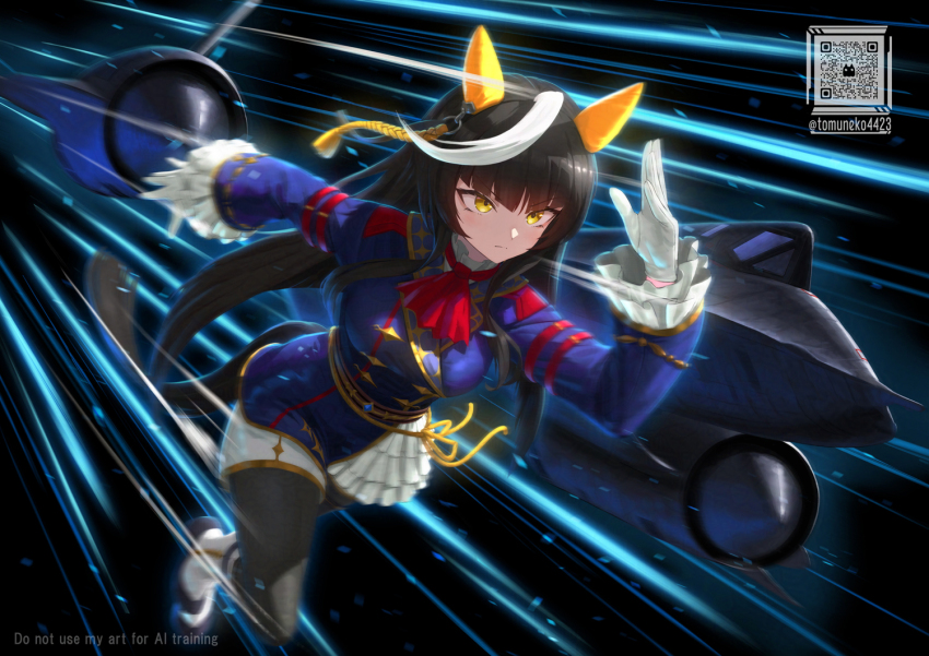 1girl ahoge black_hair black_pantyhose breasts calstone_light_o_(umamusume) collar dress frilled_collar frilled_dress frilled_sleeves frills gloves horse_girl long_hair medium_breasts multicolored_hair pantyhose running solo sr-71_blackbird tom-neko_(zamudo_akiyuki) umamusume very_long_hair white_gloves white_hair yellow_eyes
