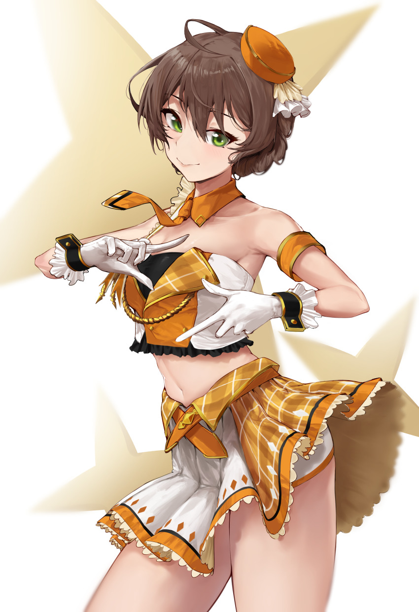 1girl absurdres alternate_costume belt brown_hair dres gloves green_eyes hat highres idolmaster idolmaster_million_live! idolmaster_million_live!_theater_days kimi_(hearty_yuuki) necktie sakuramori_kaori short_hair skirt smile star_(symbol) white_background