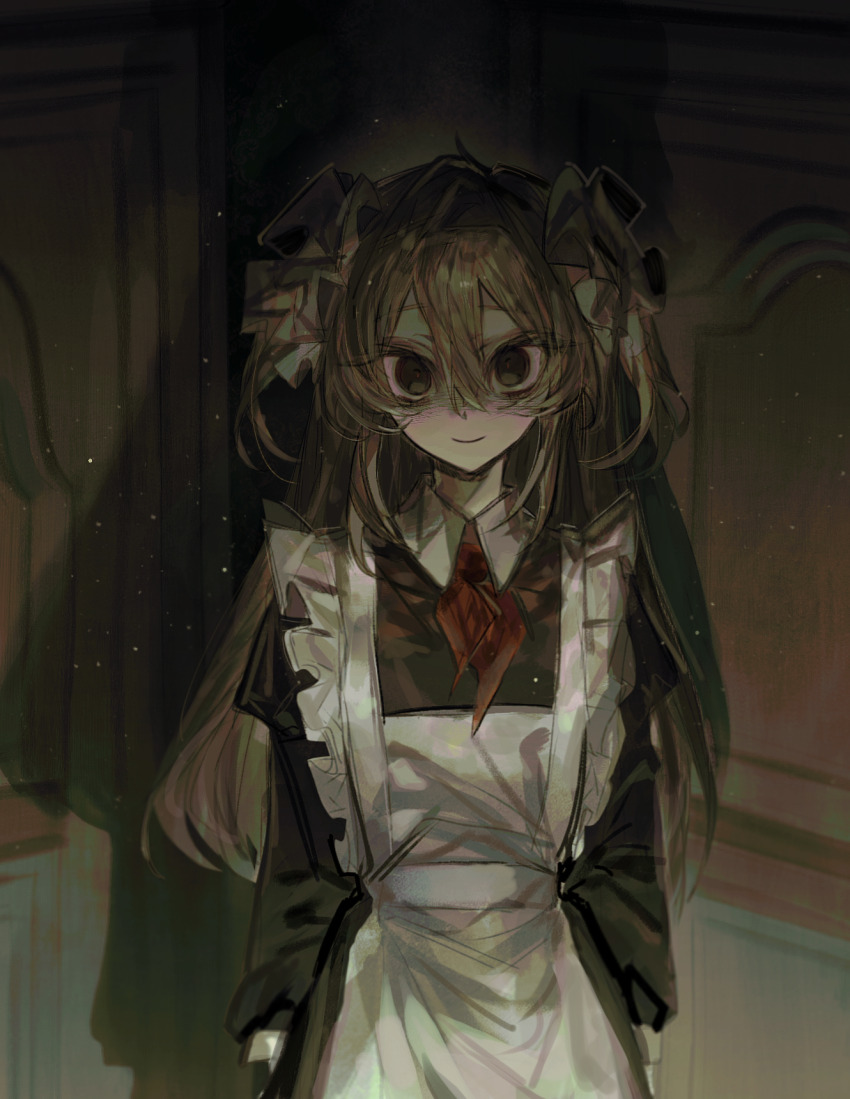 1girl apron black_dress black_eyes brown_hair chinese_commentary closed_mouth collared_dress commentary_request cowboy_shot dress empty_eyes flesh_blood_&amp;_concrete hair_between_eyes hair_ornament hair_scrunchie highres indoors light_particles lllzlllz long_hair looking_at_viewer neckerchief nika_(flesh_blood_&amp;_concrete) red_neckerchief scrunchie smile solo soviet_school_uniform two_side_up white_apron white_scrunchie