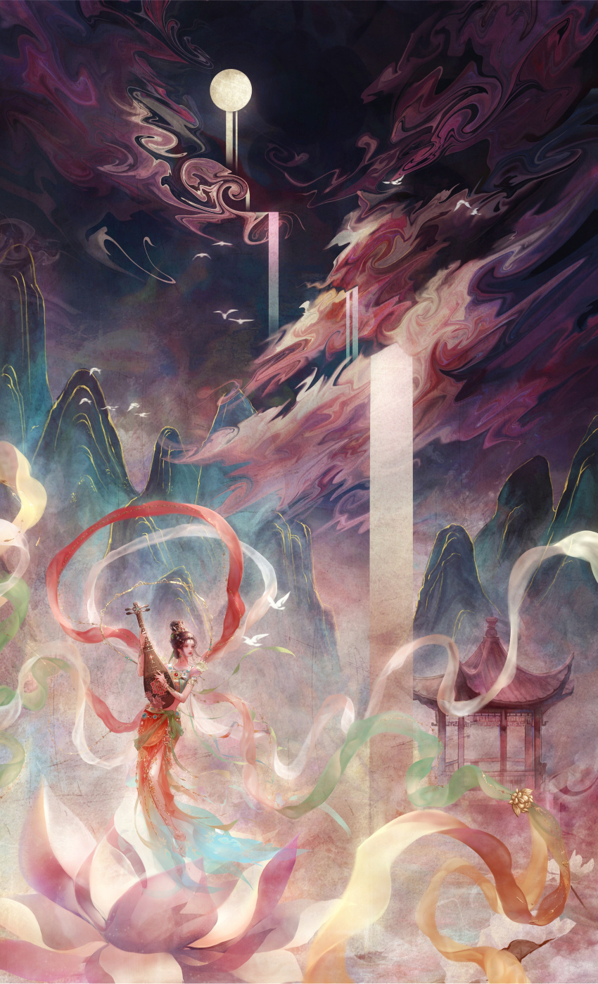 1girl absurdres black_hair character_request chinese_clothes chinese_commentary cloud commentary_request floating flower fog full_body hair_bun hair_ornament hanfu highres instrument instrument_request jiaopiupiu long_sleeves lotus mountain music night nikki_(series) oversized_flower pink_flower playing_instrument red_hanfu shining_nikki short_hair simple_bird single_hair_bun solo updo water waterfall wide_shot
