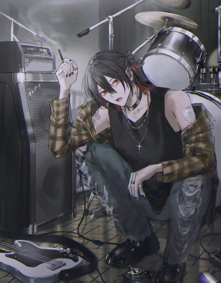 1boy amplifier ashtray bandaid bandaid_on_shoulder bare_shoulders bass_guitar black_boots black_choker black_hair black_nails black_tank_top boots brown_shirt cable chain chain_necklace checkered_clothes checkered_shirt choker cigarette clothes_pull collarbone commentary_request cross cross_earrings cross_necklace denim drum drum_set ear_piercing earrings energy_drink fangs full_body grey_pants hair_between_eyes highres holding holding_cigarette indoors instrument jeans jewelry looking_at_viewer male_focus medium_hair multicolored_hair multiple_rings necklace open_mouth original pants piercing red_eyes red_hair ring shirt shirt_pull smoke solo squatting st31010 tank_top torn_clothes torn_jeans torn_pants two-tone_hair