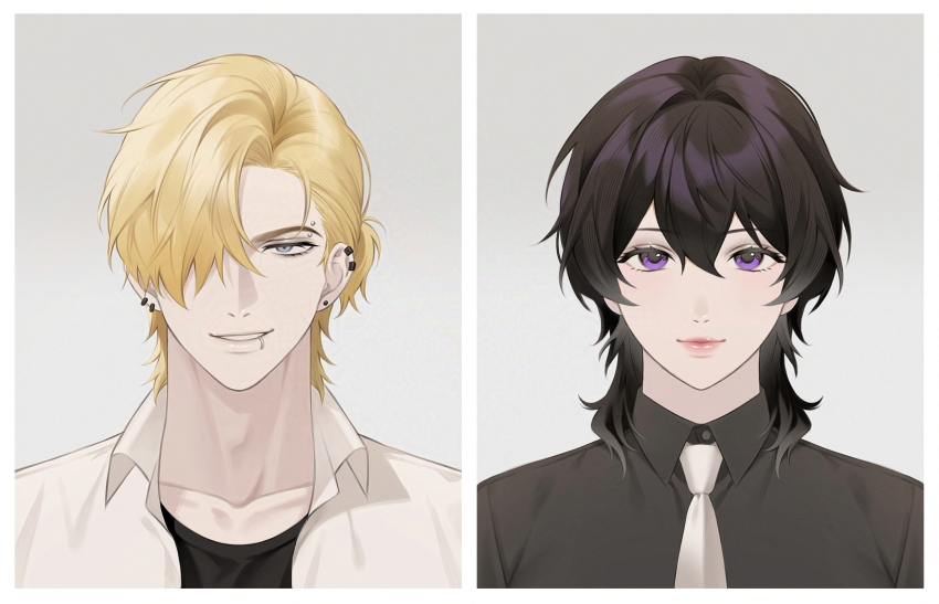 1boy 1girl black_hair black_shirt blonde_hair collared_shirt degrees_of_lewdity dolnongbackup earrings eyebrow_piercing grey_eyes hair_over_one_eye highres jewelry lip_piercing lip_ring necktie open_clothes open_shirt piercing player_character_(degrees_of_lewdity) player_character_(female)_(degrees_of_lewdity) portrait purple_eyes shirt white_necktie white_shirt whitney_(degrees_of_lewdity) whitney_(male)_(degrees_of_lewdity)