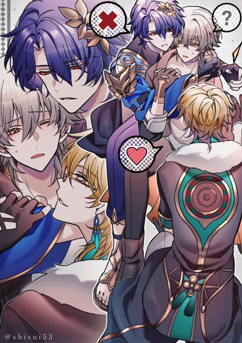 3boys aventurine_(honkai:_star_rail) black_gloves black_jacket blonde_hair blue_hair caelus_(honkai:_star_rail) dr._ratio_(honkai:_star_rail) earrings fingerless_gloves fur_trim gladiator_sandals gloves grey_hair hair_between_eyes hair_ornament highres honkai:_star_rail honkai_(series) jacket jewelry looking_at_another male_focus multiple_boys open_mouth red_eyes sandals shisui53 short_hair trailblazer_(honkai:_star_rail) yaoi yellow_eyes