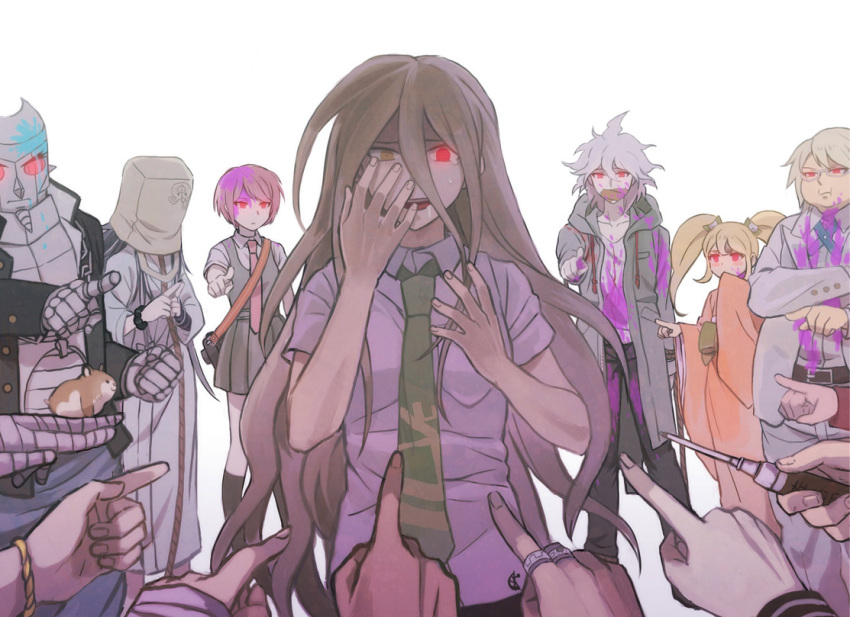 bad_id bad_pixiv_id bag_over_head bandages black_hair blonde_hair blood blood_on_clothes blood_on_face bow camera danganronpa_(series) danganronpa_2:_goodbye_despair danganronpa_3_(anime) everyone glowing glowing_eyes hanamura_teruteru heterochromia hinata_hajime japanese_clothes kamukura_izuru koizumi_mahiru komaeda_nagito kuzuryu_fuyuhiko long_hair mioda_ibuki multiple_boys multiple_girls nail_polish nidai_nekomaru okuragon owari_akane parody pekoyama_peko pointing red_eyes red_hair saionji_hiyoko school_uniform short_hair sonia_nevermind soda_kazuichi spoilers tanaka_gundham togami_byakuya_(danganronpa_2) tsumiki_mikan twintails