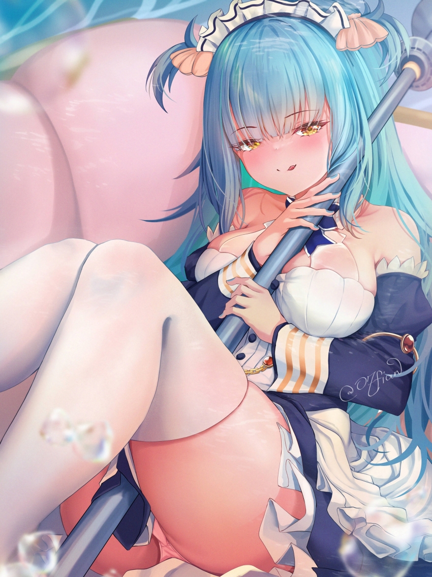 1girl :q absurdres ass azur_lane bare_shoulders blue_dress blue_hair blush breasts detached_sleeves dress hands_up highres holding holding_polearm holding_weapon knees_together_feet_apart knees_up long_hair maid_headdress medium_breasts neptune_(azur_lane) o7fian panties pink_panties polearm seductive_smile shell_hair_ornament sitting skindentation smile solo thighhighs thighs tongue tongue_out trident underwear very_long_hair weapon yellow_eyes