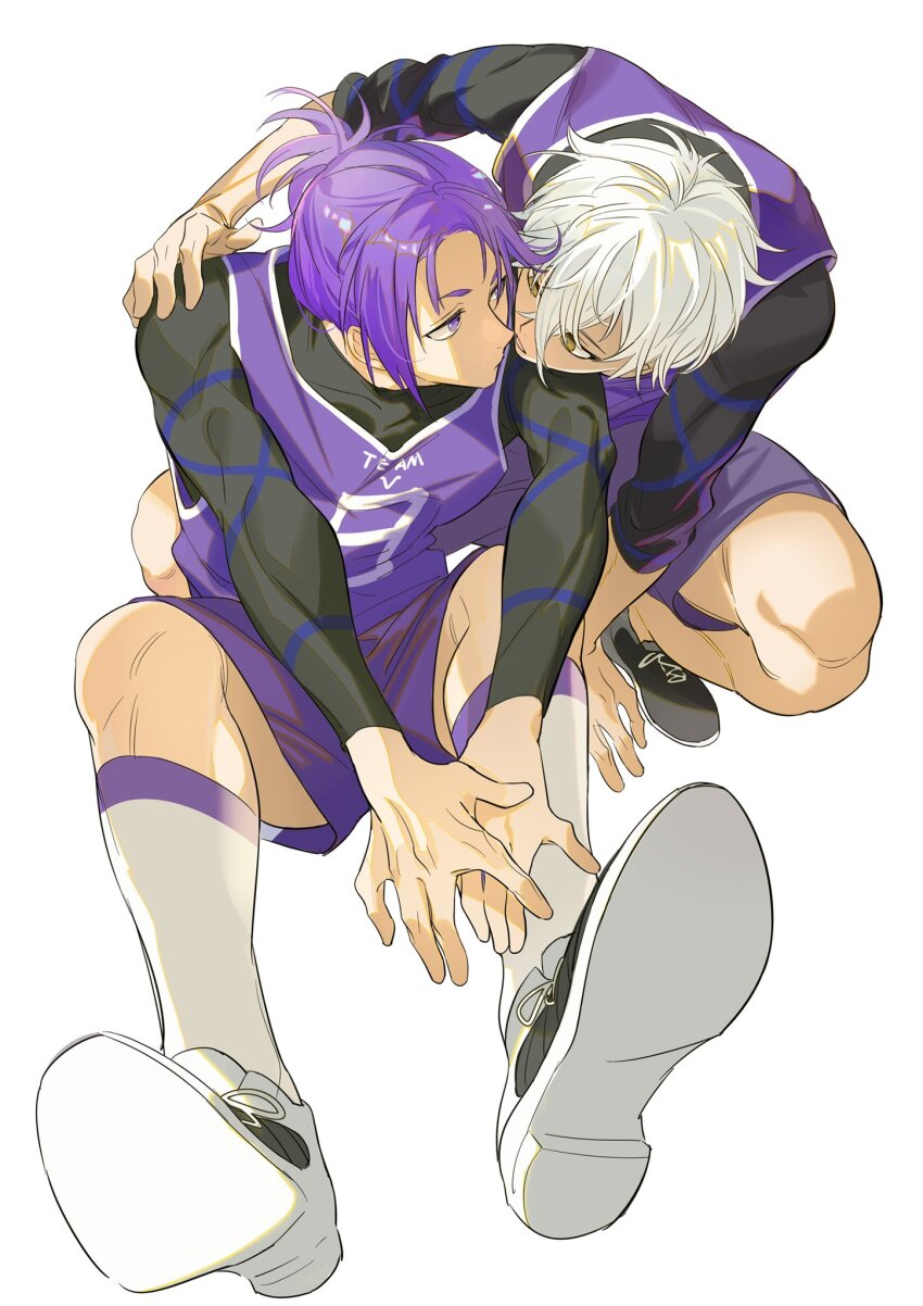 2boys arm_around_shoulder arm_support black_shirt blue_lock brown_eyes commentary_request crossed_bangs gwillarmy hair_between_eyes highres knees_up long_sleeves male_focus mikage_reo multiple_boys nagi_seishirou parted_bangs parted_lips purple_eyes purple_hair purple_shorts shirt shoelaces shoes shorts simple_background sitting sleeves_rolled_up soccer_uniform socks sportswear squatting white_background white_hair white_socks