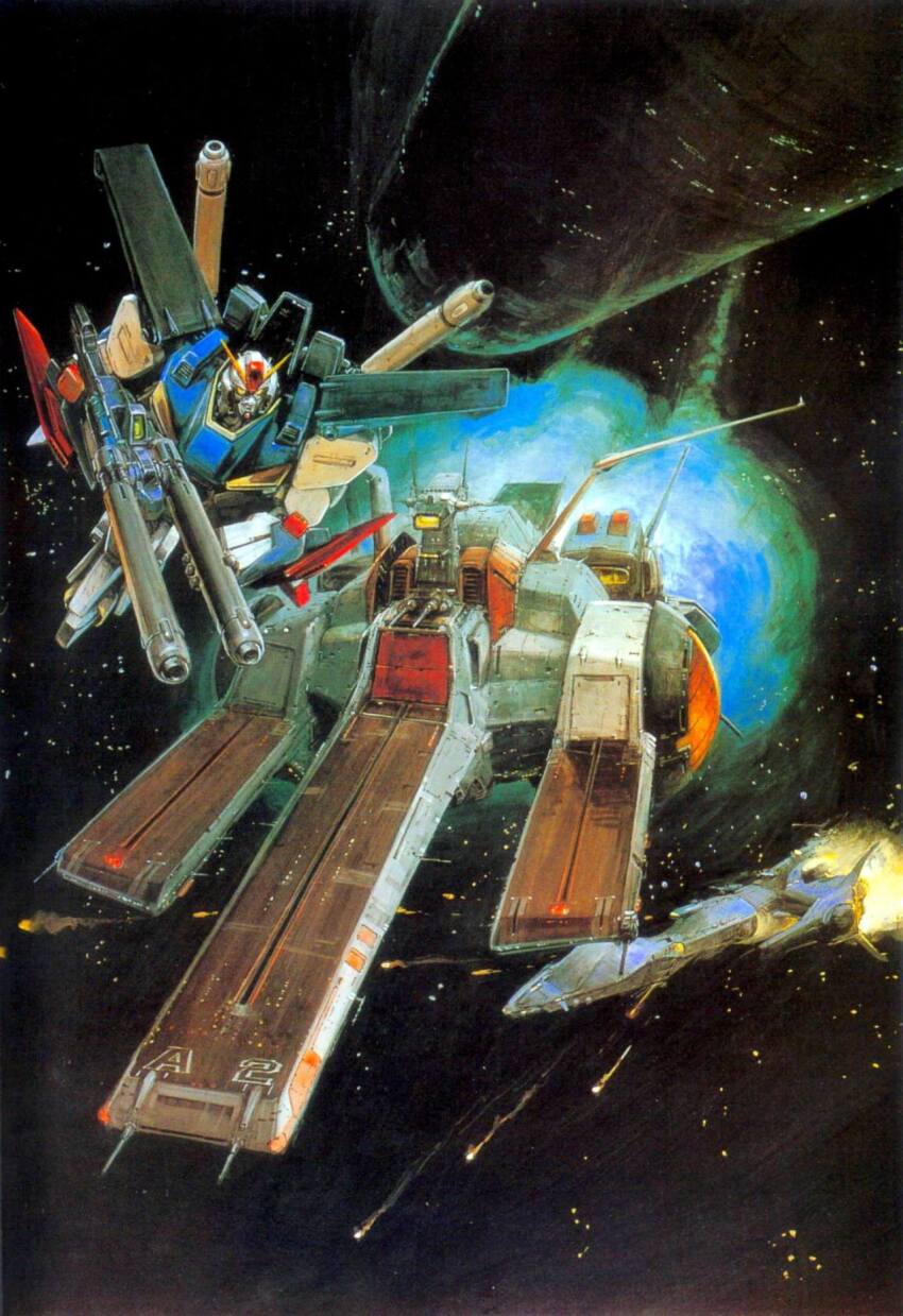 gun gundam gundam_zz highres mecha nahel_argama no_humans official_art robot science_fiction space space_habitat spacecraft takani_yoshiyuki weapon zz_gundam