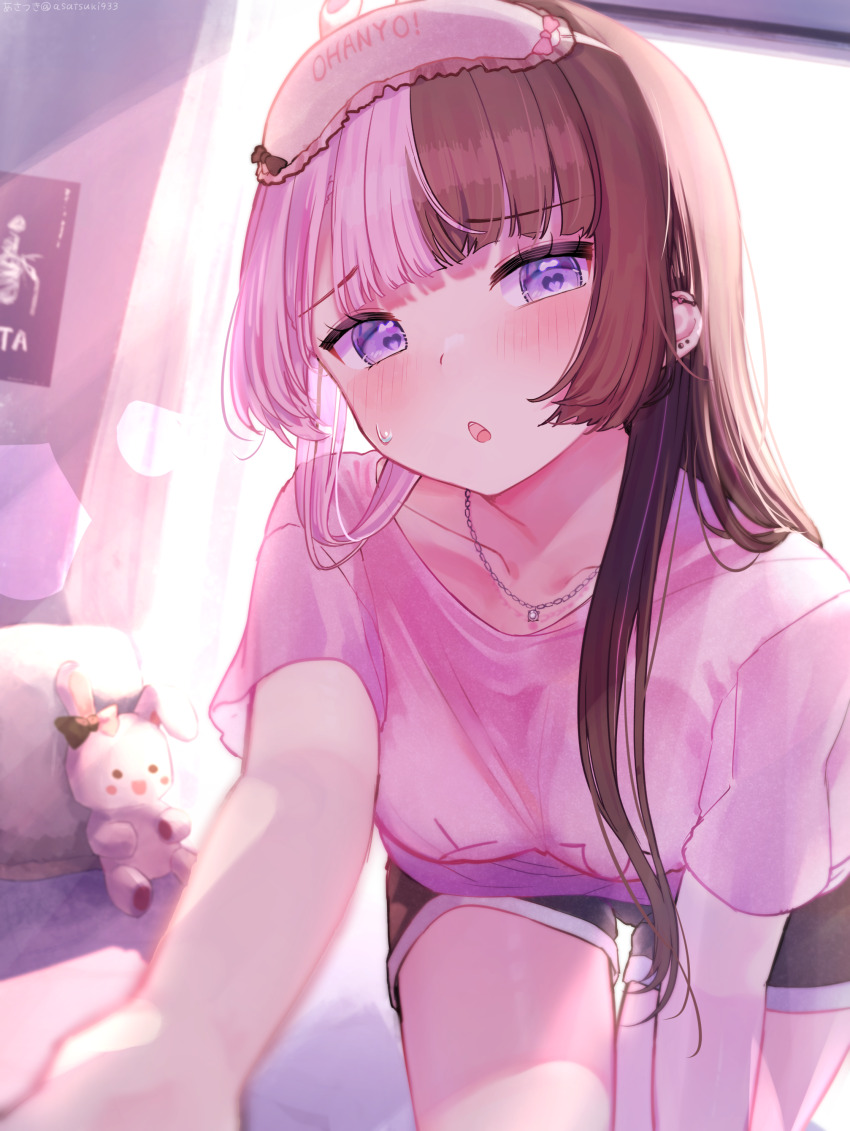 1girl :o absurdres artist_name asatsuki933 bent_over black_shorts blush breasts brown_hair collarbone commentary_request ear_piercing heart heart_in_eye highres indoors jewelry long_hair looking_at_viewer mask mask_on_head multicolored_hair necklace open_mouth piercing pink_eyes pink_hair pink_mask pink_shirt poster_(object) reaching reaching_towards_viewer shirt short_sleeves shorts sleep_mask solo split-color_hair stuffed_animal stuffed_rabbit stuffed_toy sweatdrop symbol_in_eye t-shirt tachibana_hinano_(5th_costume) tachibana_hinano teeth thighs twitter_username two-tone_hair upper_teeth_only virtual_youtuber vspo!