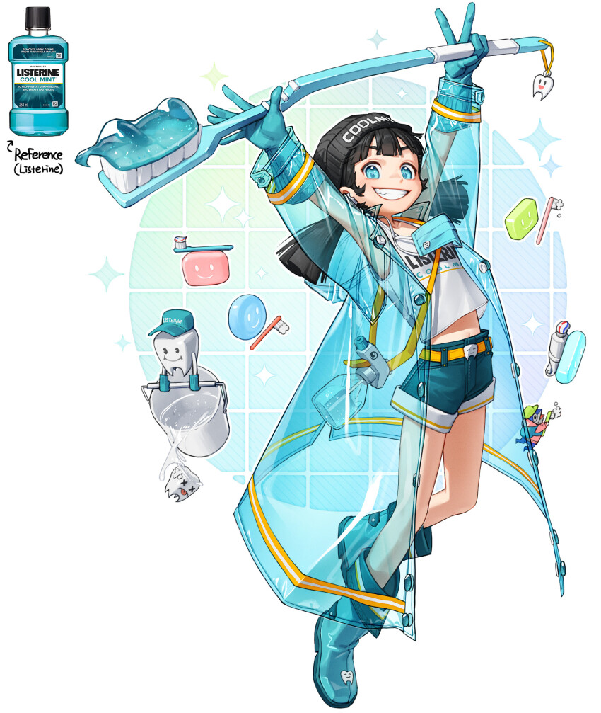 1girl absurdres arms_up bare_legs beanie belt black_hair black_hat blue_boots blue_coat blue_eyes blue_gloves blue_shorts boots coat full_body gloves hat highres listerine midriff mouthwash navel orange_belt original oversized_object parted_lips personification print_tank_top rinotuna see-through_clothes see-through_coat shorts smile soap solo tank_top tooth toothbrush twintails white_tank_top
