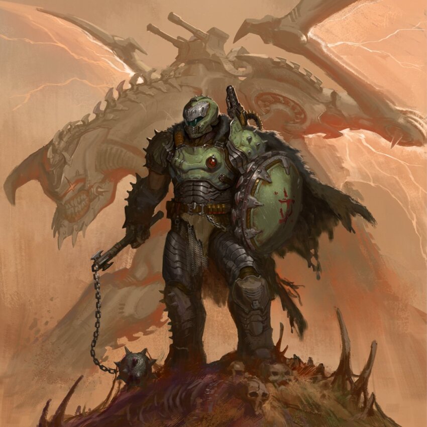 1boy armor cape chain chainmail doom:_the_dark_ages doom_(series) doomguy dragon emerson_tung energy_wings flail fur_cape green_armor gun gun_on_back holding_flail non-humanoid_robot pile_of_corpses robot robot_dragon shield shotgun_shell shoulder_cannon shoulder_spikes spiked_helmet spikes weapon weapon_on_back